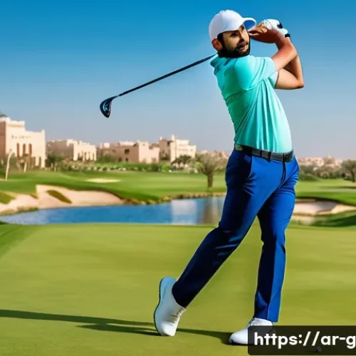 골프 레슨 중 빈번한 스윙 오류와 교정법 - A skilled Arab male golfer practicing his swing on a lush green golf course under a clear blue sky, ...