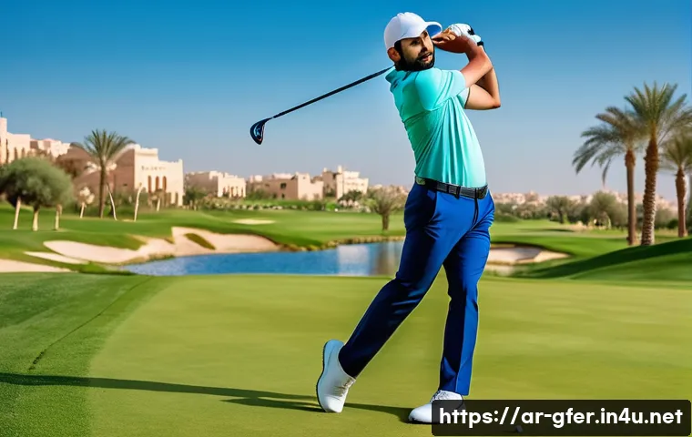 골프 레슨 중 빈번한 스윙 오류와 교정법 - A skilled Arab male golfer practicing his swing on a lush green golf course under a clear blue sky, ...