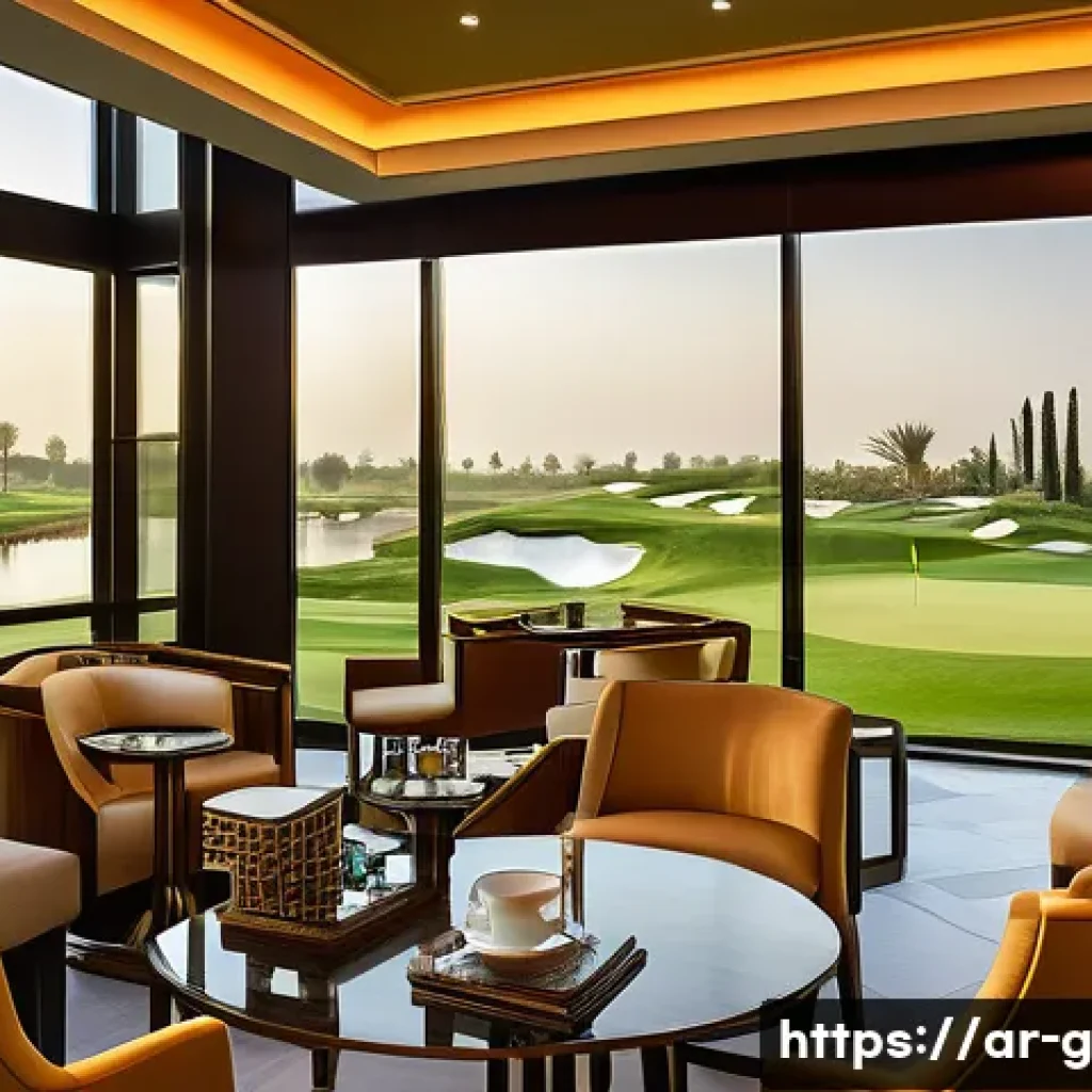 골프 프로 네트워킹 방법 - A professional networking event set in a modern golf clubhouse in the Middle East, featuring a diver...