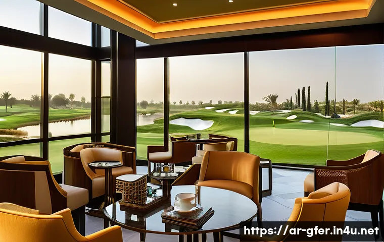 골프 프로 네트워킹 방법 - A professional networking event set in a modern golf clubhouse in the Middle East, featuring a diver...