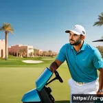 골프 레슨 성공률 높이는 법 - A detailed scene of an Arab man practicing golf on a lush green golf course under a clear blue sky, ...