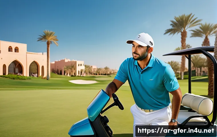 골프 레슨 성공률 높이는 법 - A detailed scene of an Arab man practicing golf on a lush green golf course under a clear blue sky, ...