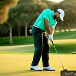 골프 티칭 실습에서의 공통 실수 - A detailed image of an adult male golfer practicing his swing on a lush green golf course at sunrise...