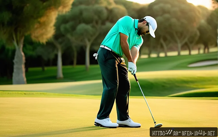 골프 티칭 실습에서의 공통 실수 - A detailed image of an adult male golfer practicing his swing on a lush green golf course at sunrise...