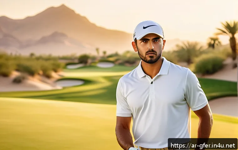 골프 실습에서의 학습 목표 설정 - A focused Arab male golfer practicing on a lush golf course at sunrise, wearing a traditional white ...