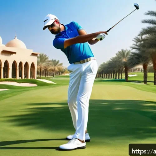 골프코치 필수 스윙 교정 기법 - A professional Middle Eastern male golfer practicing a balanced golf swing on a sunny golf course in...