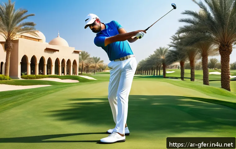 골프코치 필수 스윙 교정 기법 - A professional Middle Eastern male golfer practicing a balanced golf swing on a sunny golf course in...