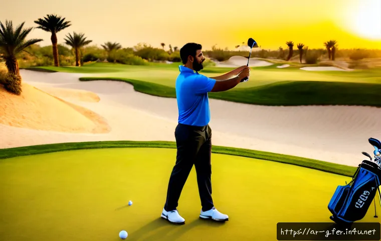 골프코치의 동기 부여 사례 - Photorealistic early-morning golf practice scene at a premium desert-edge course, an Arab golf coach...