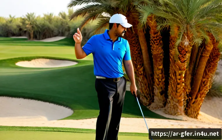 골프 티칭을 위한 커뮤니케이션 스킬 - Photorealistic golf teaching session at a pristine desert-edge golf course in the Gulf region, an Ar...
