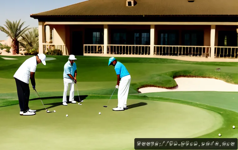 골프 레슨에서 팀워크의 중요성 - Photorealistic golf lesson at a sunlit desert-edge golf course in the Gulf region, diverse Arab adul...